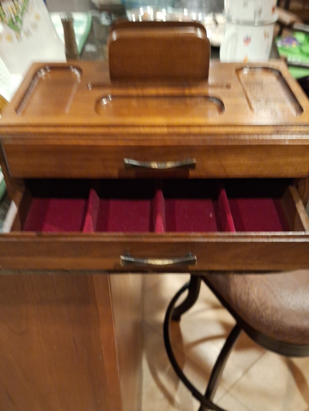Walnut Dresser Valet Wooden Organizer with Drawers -lined Red Velvet Drawers - Picture 3 of 7